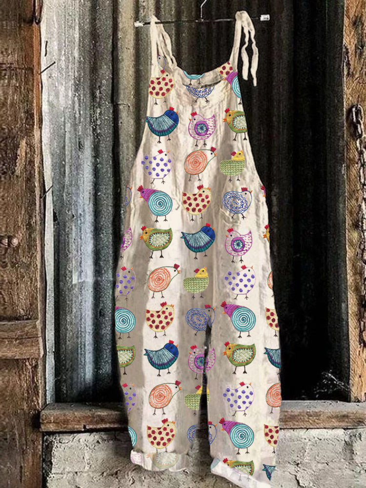 Colorful Chicken Embroidery Linen Blend Loose Jumpsuit