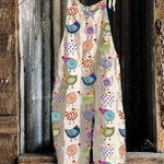 Colorful Chicken Embroidery Linen Blend Loose Jumpsuit