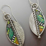 SILVER-PLATED LONG HANGING ABSTRACT IRIDESCENT GREEN LEAF EARRINGS