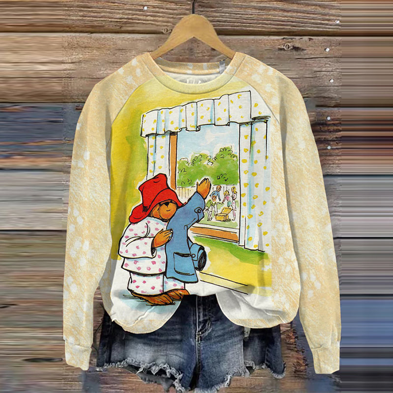 Retro Bear Colorblock Print Casual Sweatshirt