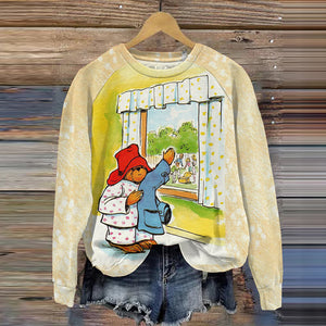 Retro Bear Colorblock Print Casual Sweatshirt