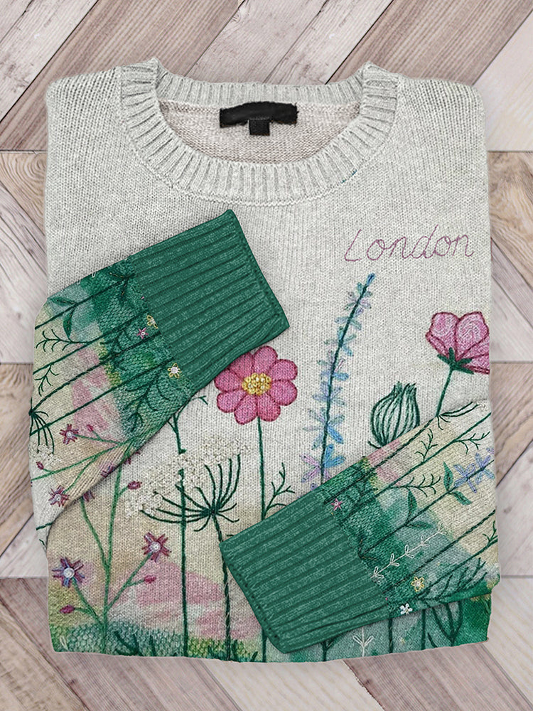 London Floral Embroidery Art Knit Sweater