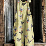 Retro Fowl Farmhouse Style Art Linen Blend Casual Jumpsuit