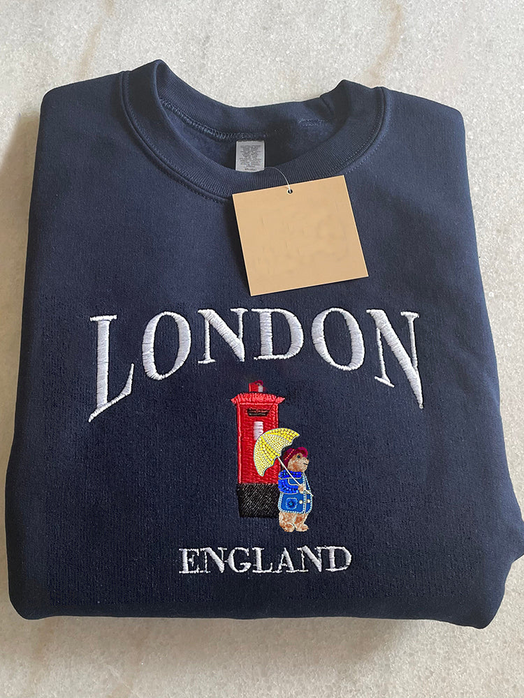 Retro Bear London England Embroidered Crew Neck Sweatshirt