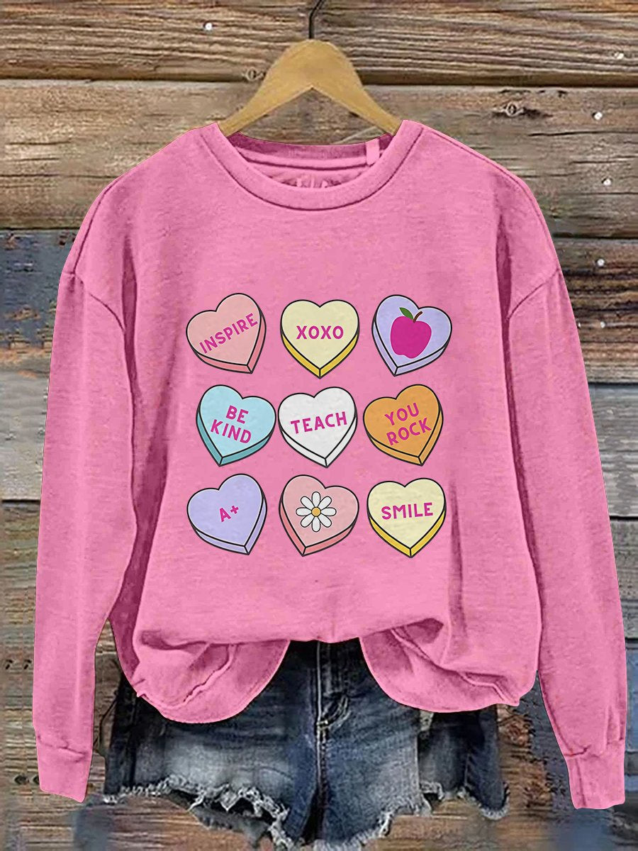 Teacher Conversation Hearts Valentine's Day Print Casual Sweatshirt