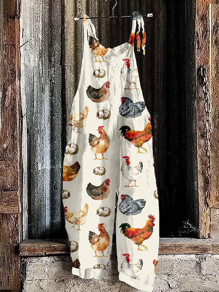 Watercolor Allover Chicken Farm Linen Blend Jumpsuit