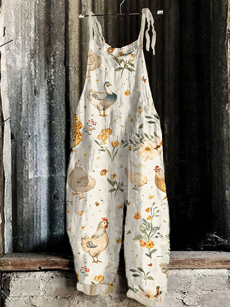 Women's Farm Chicken And Flower Printed Loose Jumpsuit