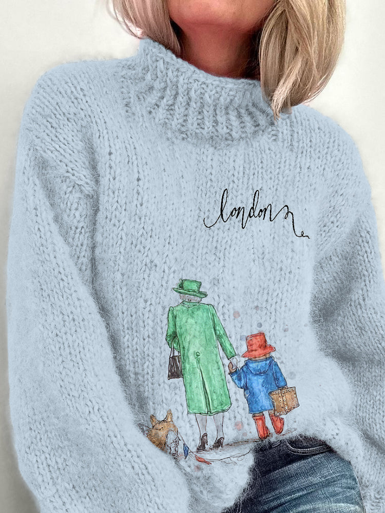 Walking In London Bear Print Knitted Turtleneck Sweater