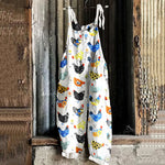 Cute Farm Floral Chicken Pattern Linen Blend Comfy Jumpsuit