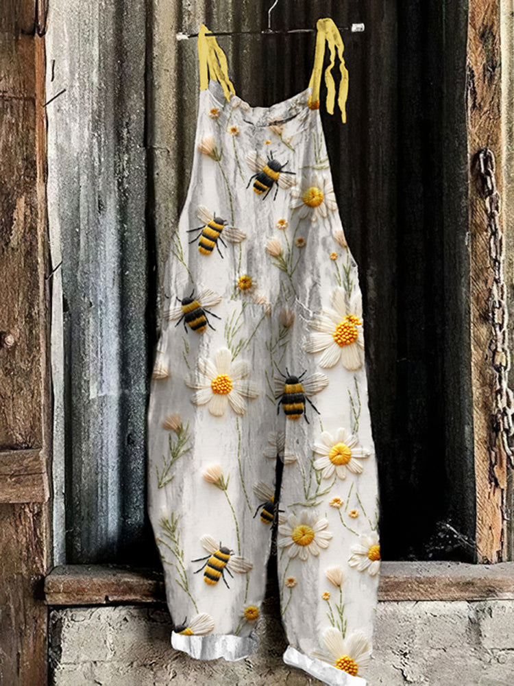 Daisy Bee Embroidery Art Print Casual Jumpsuit