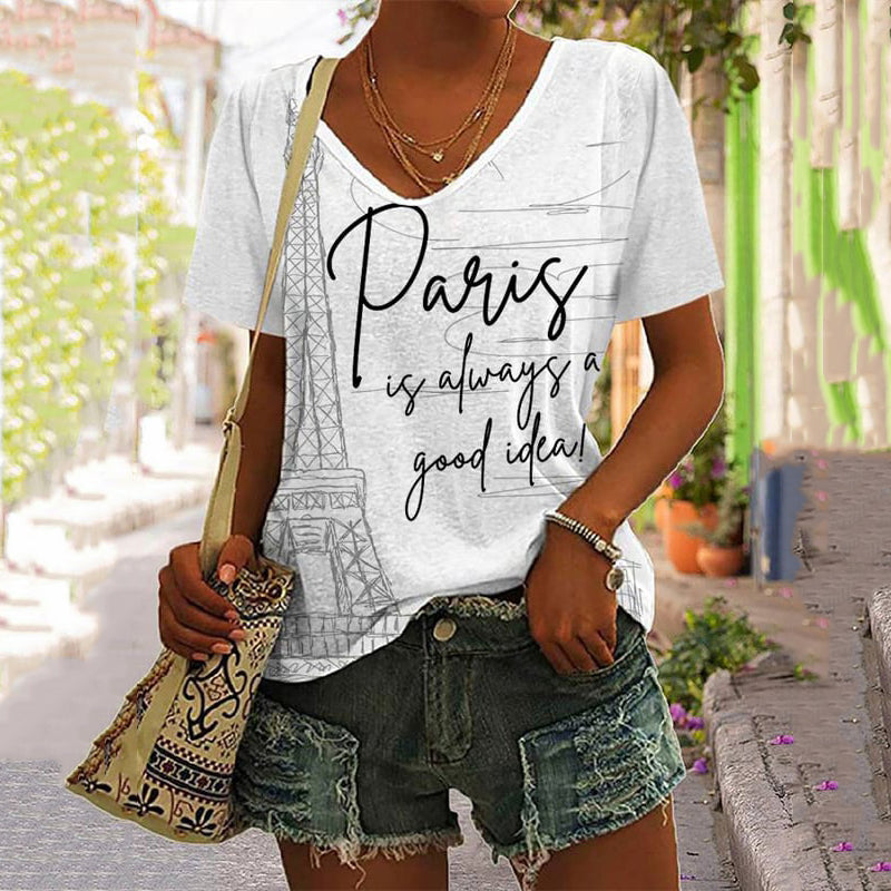 Women'S "Paris Is Always A Good Idea" Printed V-Neck T-Shirt