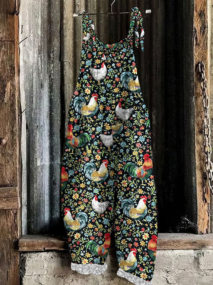 Roosters & Blooming Flowers Multicoloured Floral Print Loose Casual Jumpsuit