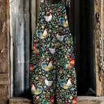 Roosters & Blooming Flowers Multicoloured Floral Print Loose Casual Jumpsuit