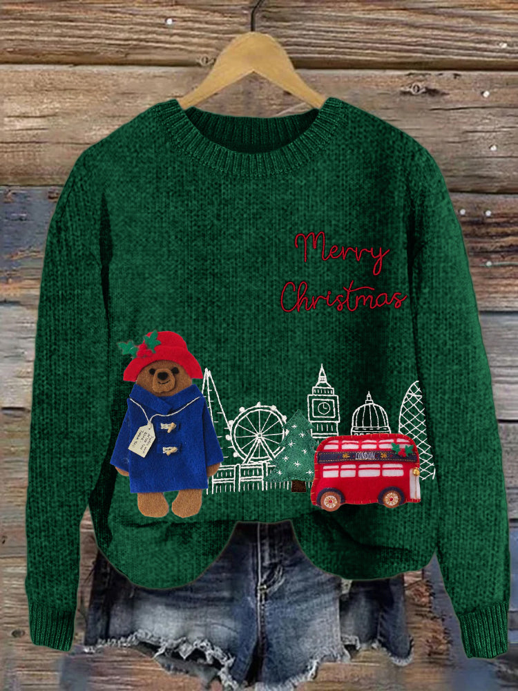 Christmas Bear London Scenery Embroidered Cozy Knit Sweater