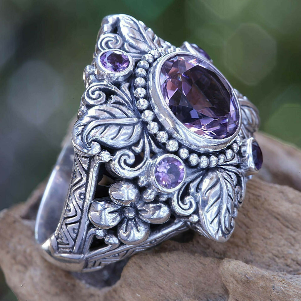 Meditation Amethyst Flower Silver Ring✨