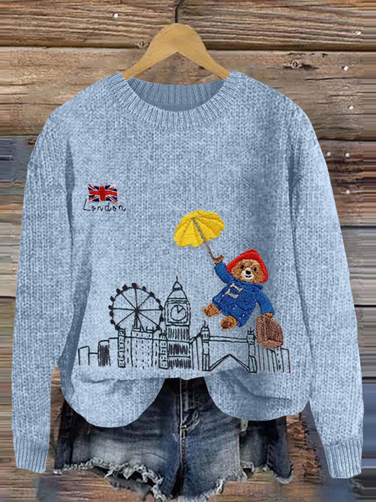 Cozy Bear Landing In London Embroidered Knitted Sweater