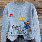 Cozy Bear Landing In London Embroidered Knitted Sweater