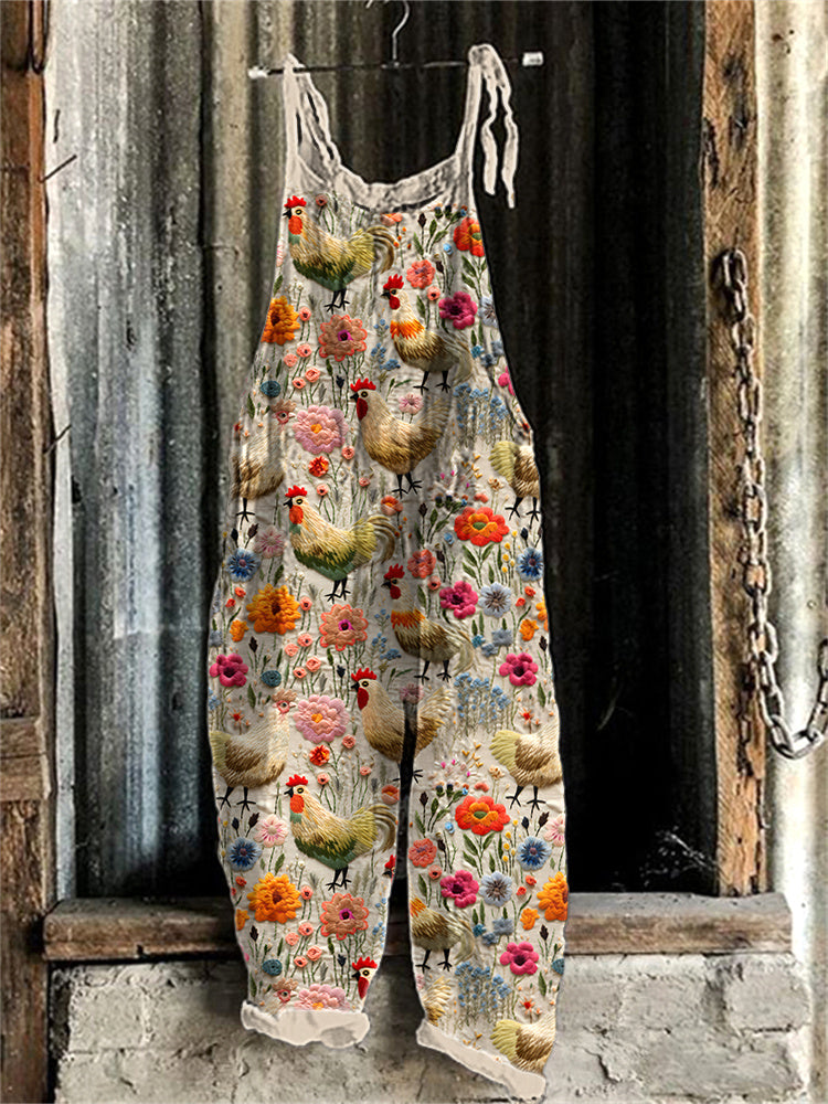 Farm Chicken Floral Embroidery Pattern Linen Casual Jumpsuit