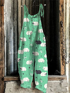 Women's Farm Sheep Print Linen Blend Casual Jumpsuit