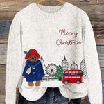 Christmas Bear London Scenery Embroidered Cozy Knit Sweater