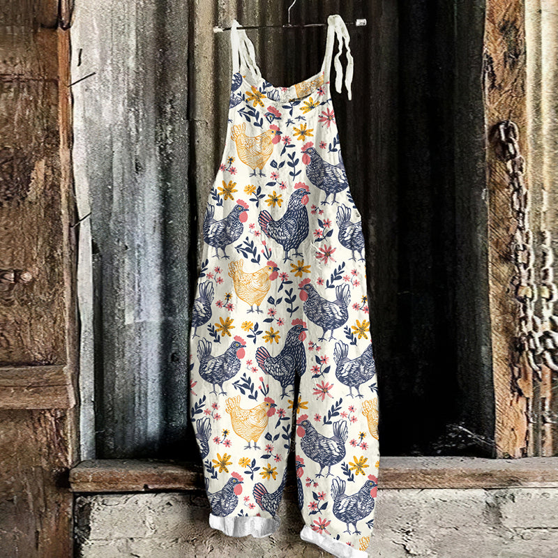 Rooster Flower Print Casual Loose Jumpsuit