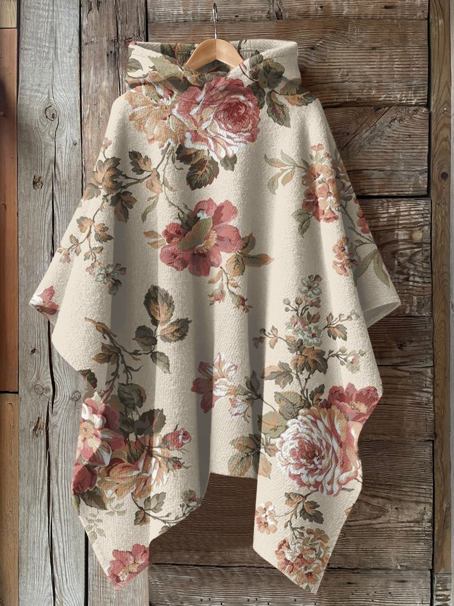 Retro Floral Art Print Hooded Warm Shawl