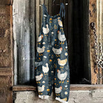 Farm Chicken And Floral Pattern Linen Blend Jumpsuit