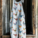 Funny Farm Chicken Embroidery Pattern Linen Blend Jumpsuit