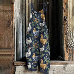 Retro Farm Chicken Floral Printed Casual Jumpsuit