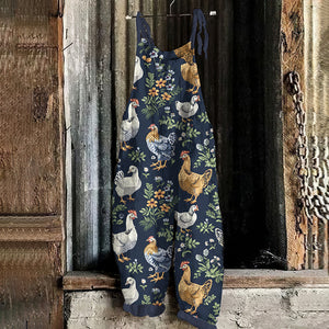 Retro Farm Chicken Floral Printed Casual Jumpsuit