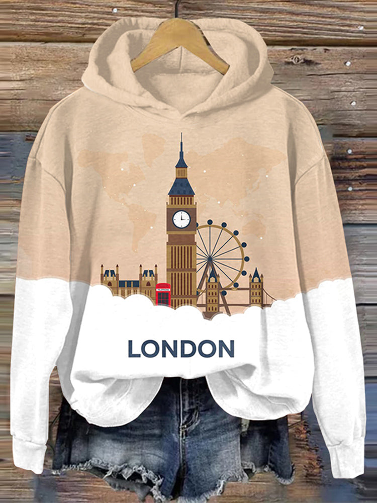 London Print Long Sleeve Casual Hoodie