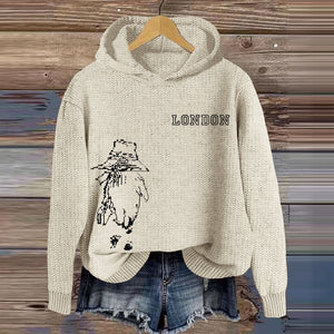 London Bear On The Road Embroidery Knitted Hooded Sweater