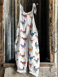 Funny Farm Chicken Embroidery Pattern Linen Blend Jumpsuit