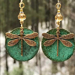 Retro bronze and green dragonfly ethnic style simple earrings