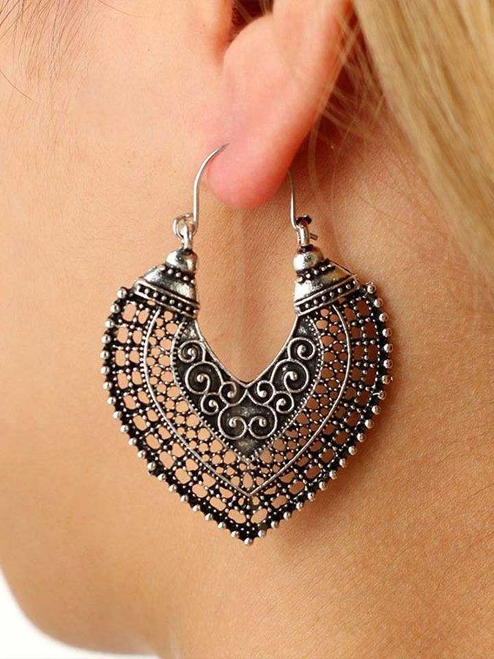 Vintage national style heart-shaped carved hollow-out Alloy earrings