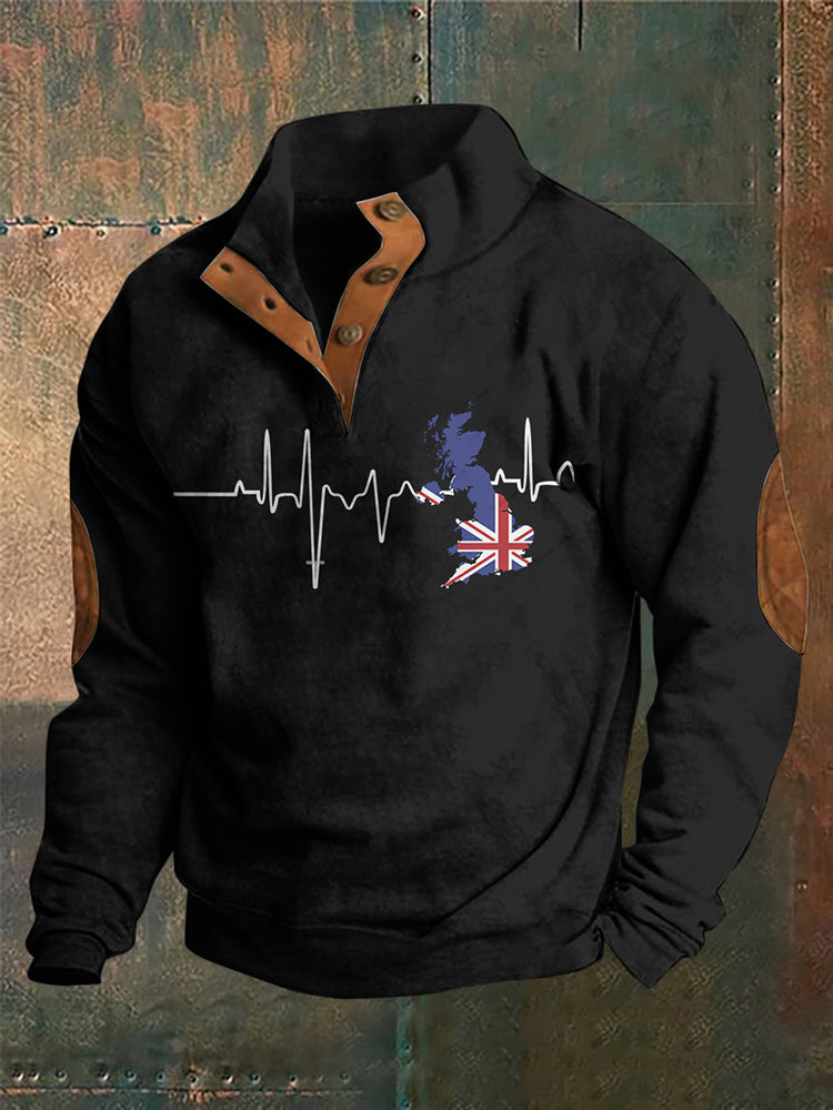 London Heartbeat Flag Print Stand Collar Button Sweatshirt