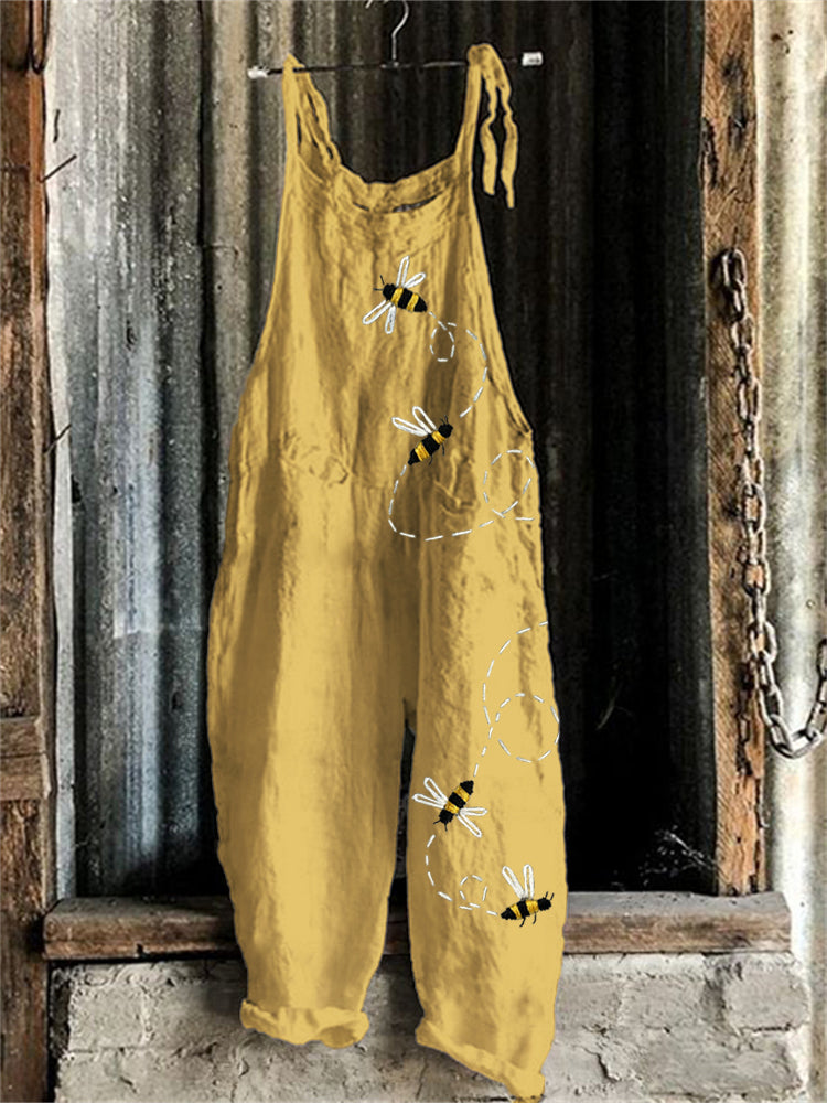 Flying Bees Embroidered Linen Blend Jumpsuit