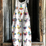 Funny Chickens Embroidery Pattern Linen Blend Casual Jumpsuit