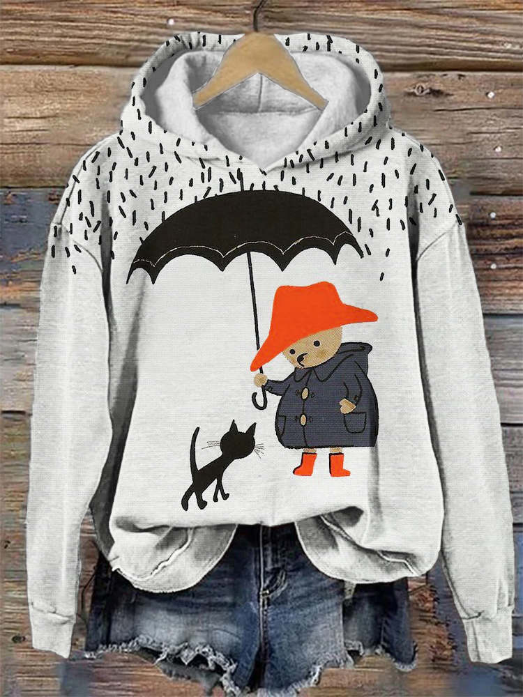 Umbrella Bear & Cat Print Hooded Sweatshirt