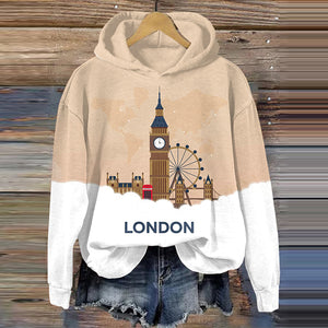 London Print Long Sleeve Casual Hoodie