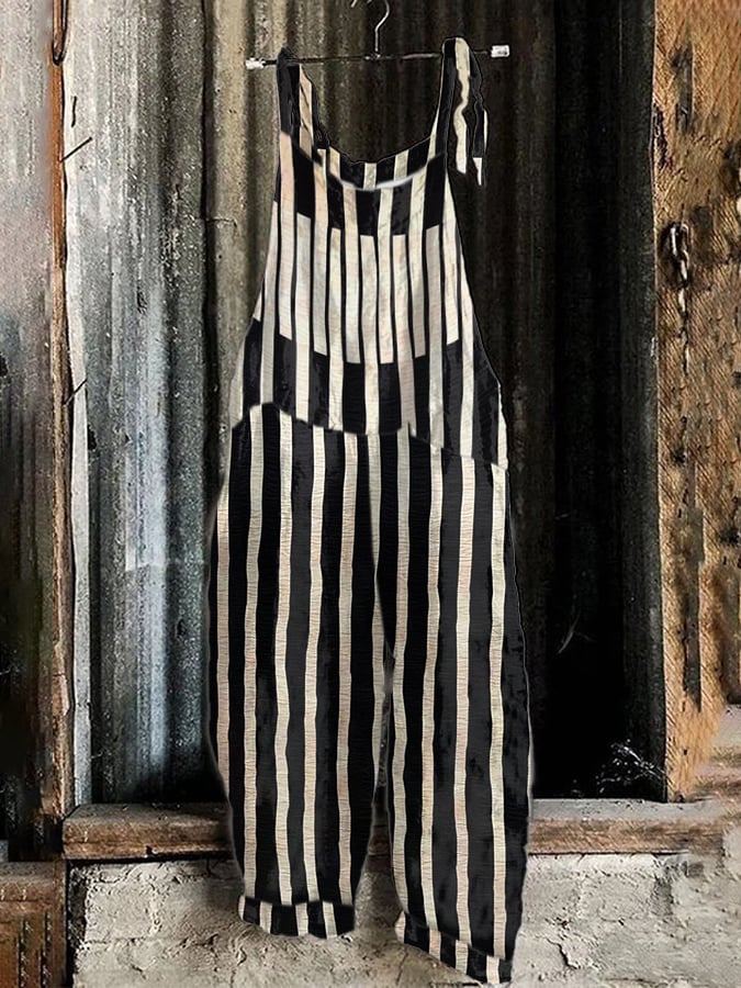 Women's Vintage Striped Pattern Print Bib Trousers