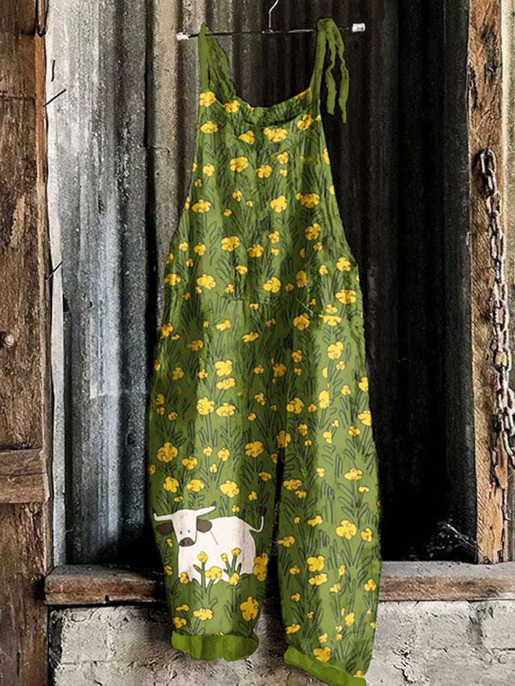 Lovely Cows In Rapeseed Fields Pattern Linen Blend Loose Fit Jumpsuit