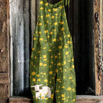 Lovely Cows In Rapeseed Fields Pattern Linen Blend Loose Fit Jumpsuit