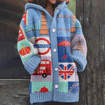 London Print Casual Knit Hooded Cardigan