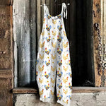 Cute Bloom Farm Chickens Graphics Linen Blend Casual Jumpsuit