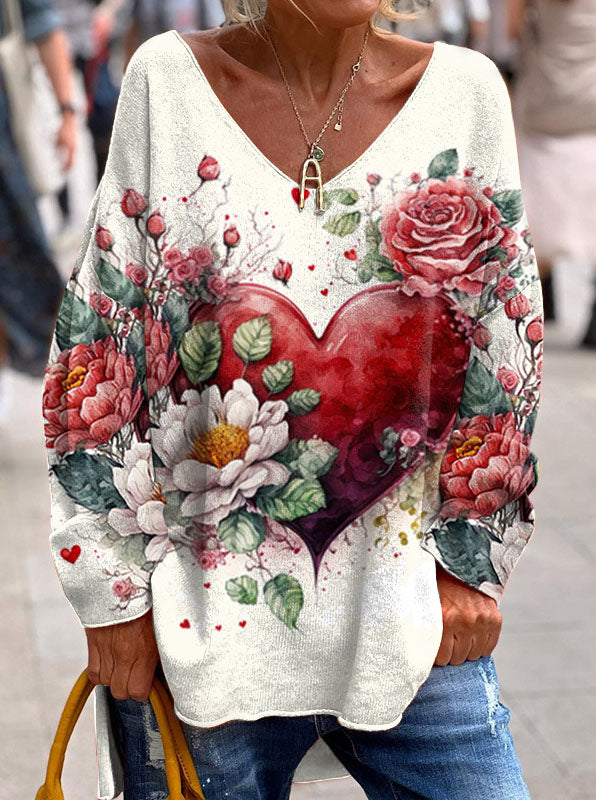 Retro Valentine's Day Floral Heart Print V-neck Top