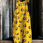 Cute Farm Chickens Graphics Linen Blend Casual Jumpsuit