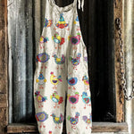 Funny Chickens Embroidery Pattern Linen Blend Casual Jumpsuit