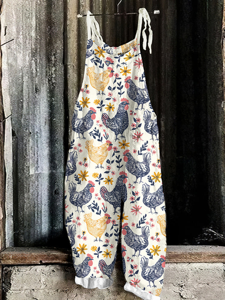 Rooster Flower Print Casual Loose Jumpsuit