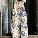 Rooster Flower Print Casual Loose Jumpsuit